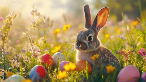 Soft-focus background with a bunny, colorful eggs, and bright flowers in a sunlit field.
