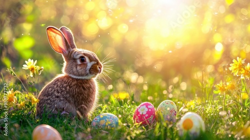 Soft-focus background with a bunny, colorful eggs, and bright flowers in a sunlit field.