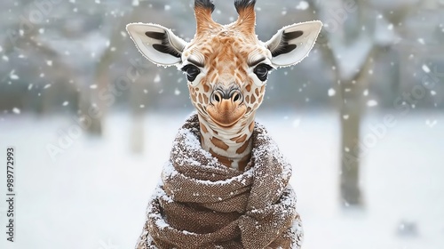 Baby giraffe, bundled in a scarf, snowy savanna, watercolor style