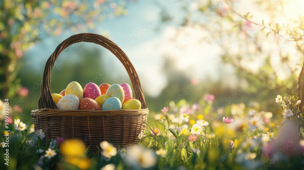 Sunny meadow with an Easter basket filled with colorful eggs, surrounded by spring flowers. Sunny meadow with an Easter basket filled with colorful eggs, surrounded by spring flowers.