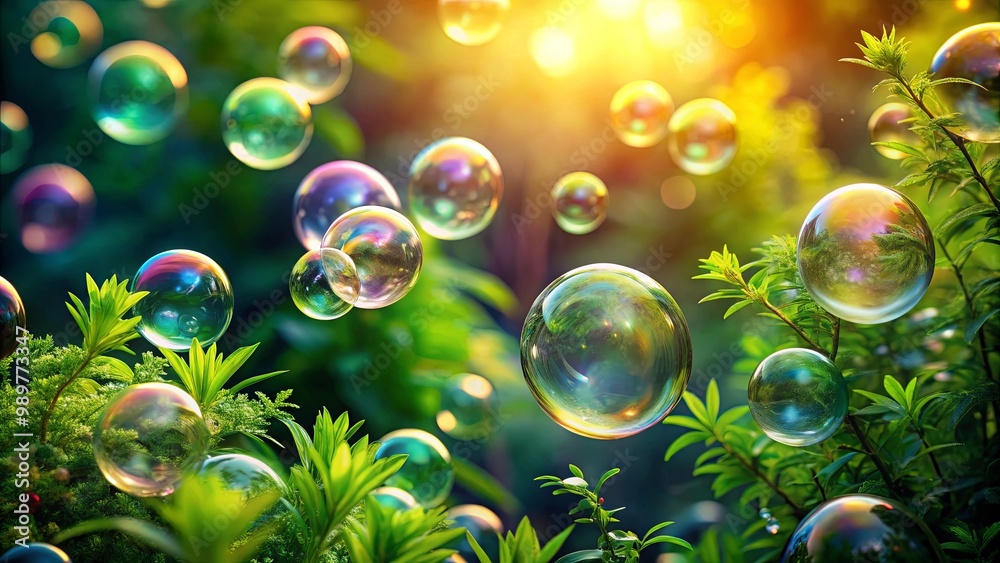 Naklejka premium A whimsical collection of iridescent soap bubbles floating amongst vibrant green foliage, bathed in the warm glow of the setting sun.