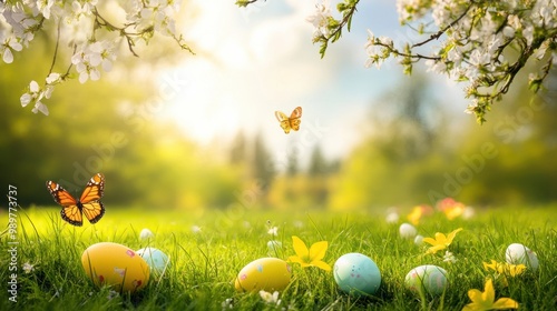 Sunny spring field with Easter eggs hidden in the grass, flowers in bloom, and butterflies flying.