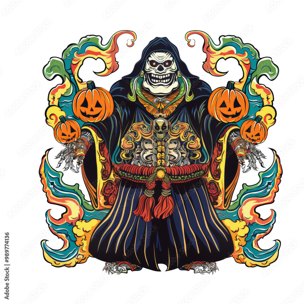 A skeletal figure in a black robe with a red sash and a skull face, holding pumpkins and surrounded by flames. A skeletal figure in a black robe with a red sash and a skull face, holding pumpkins and surrounded by flames.