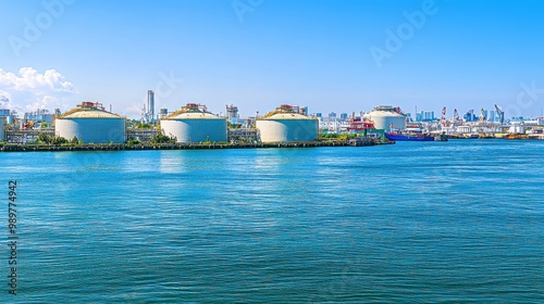 Industrial storage tanks along a waterfront with a clear blue sky.