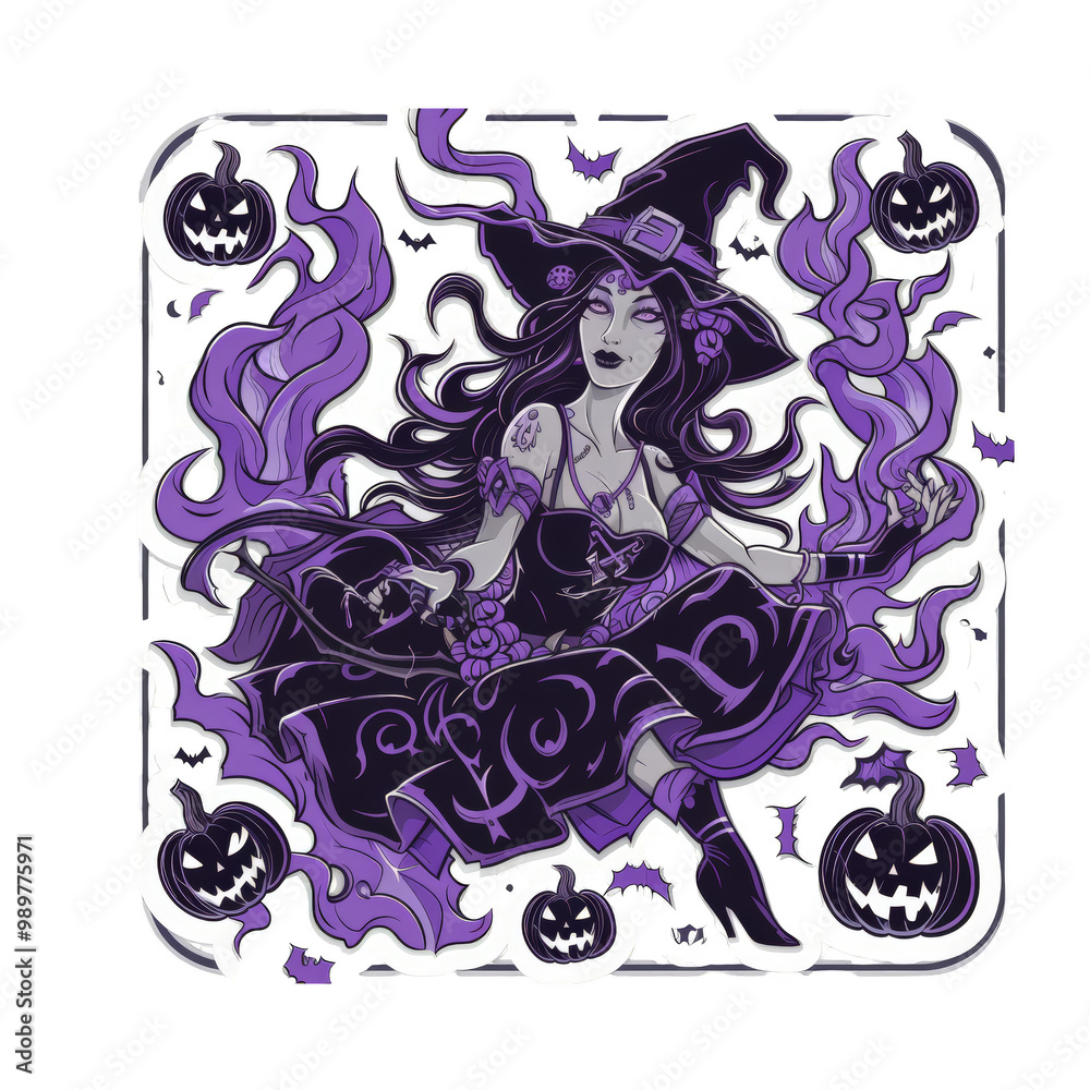 A witch with long black hair and a pointy hat surrounded by purple flames and pumpkins. A witch with long black hair and a pointy hat surrounded by purple flames and pumpkins.