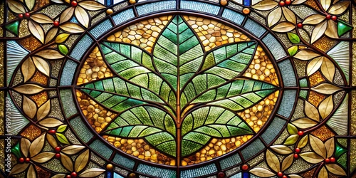 Close-up detailed shot of a stained glass window with intricate leaf design