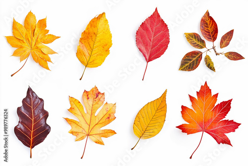 collection of different autumn leaves on white isolated background, top view