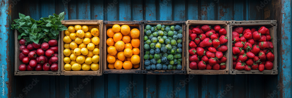 A colorful display of fresh fruit in wooden crates. A colorful display of fresh fruit in wooden crates.