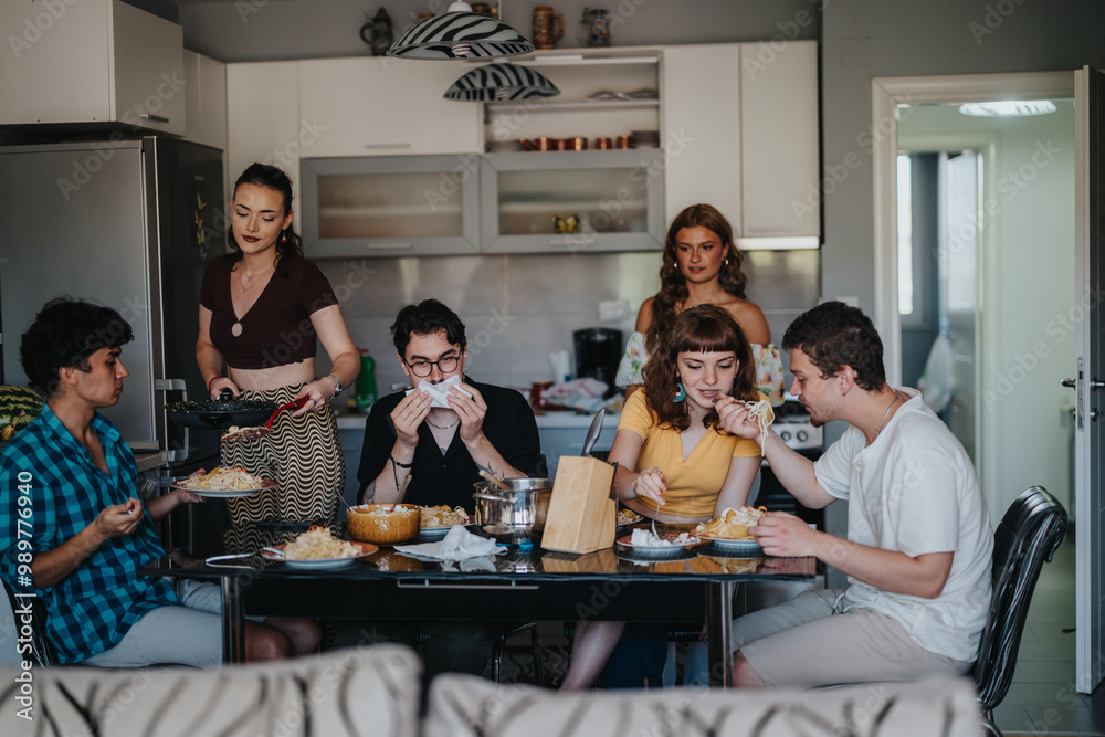 Obraz premium A group of young friends sharing a meal in a modern kitchen, creating a warm and friendly atmosphere. The scene captures togetherness and casual dining at home.