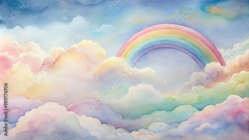 Pastel rainbow emerging from fluffy clouds in a dreamy sky