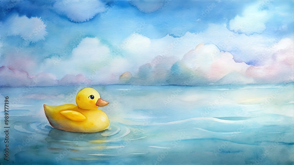 Rubber duck floating in a calm watercolor ocean Rubber duck floating in a calm watercolor ocean