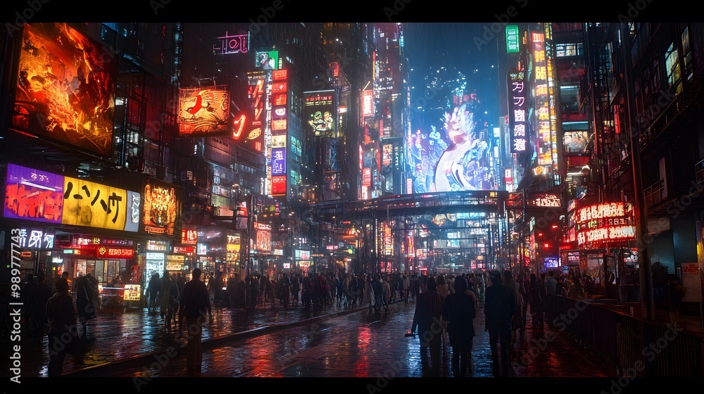 Obraz premium Neon towers dominate pictures of busy city streets at night