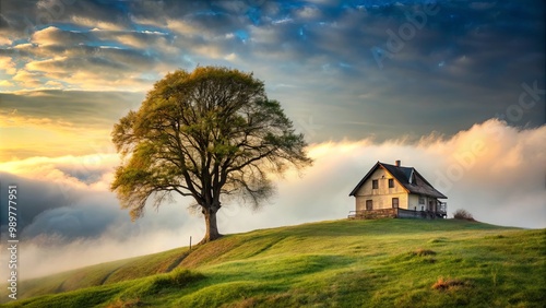 A solitary house nestled on a grassy hill, bathed in the warm glow of a setting sun, with a lone tree standing tall against a backdrop of fluffy clouds.