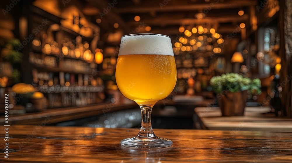 A single glass of beer with a white head, sitting on a wooden bar counter, with a blurred background of a pub atmosphere. A single glass of beer with a white head, sitting on a wooden bar counter, with a blurred background of a pub atmosphere.