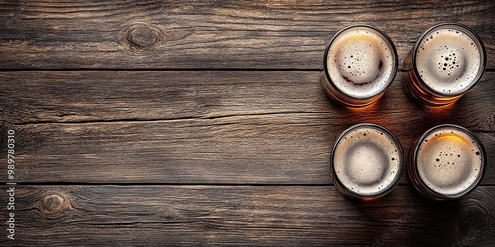 Fototapeta premium Four Full Glasses of Frothy Ale on Rustic Wood Table