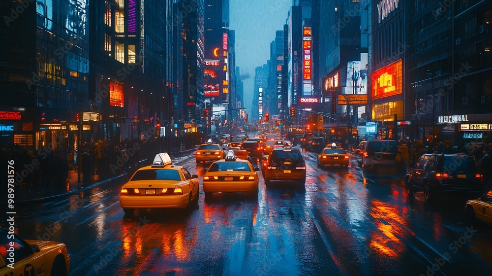 Obraz premium Nighttime city street bustling with activity neon signs lighting the way