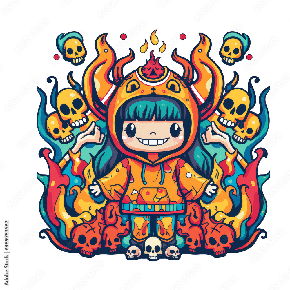 A cheerful cartoon girl with a hooded jacket standing surrounded by fire and skulls. A cheerful cartoon girl with a hooded jacket standing surrounded by fire and skulls.