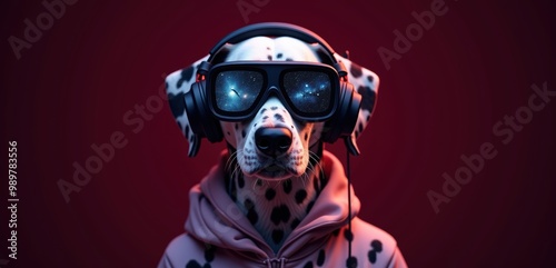 A cool Dalmatian dog wearing oversized glasses and headphones, exuding a trendy vibe. Perfect for creative projects or pet-related marketing campaigns.