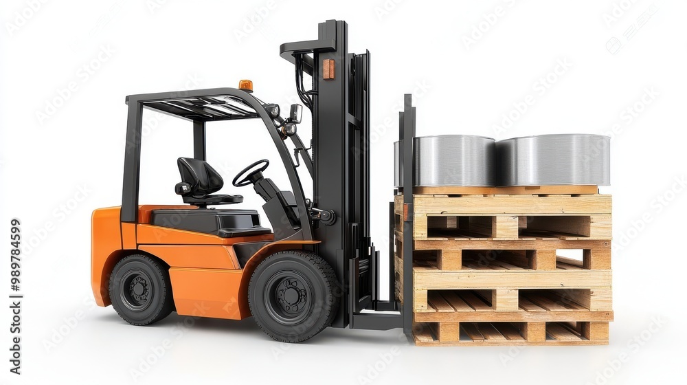 Orange Forklift Lifting Pallet With Metal Coils Orange Forklift Lifting Pallet With Metal Coils