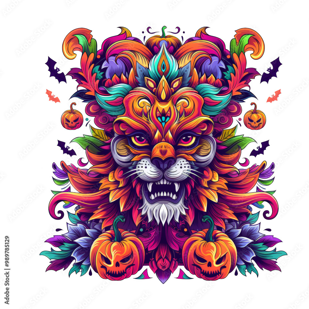 A colorful, intricate illustration of a lion's face, surrounded by pumpkins, bats, and vines, in a psychedelic art style.
