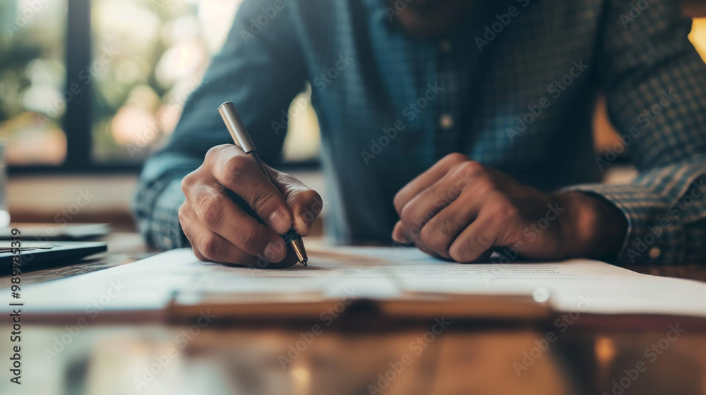 Obraz premium businessman sitting at desk holds pen signing contract paper, lease mortgage, employment hr or affirm partnership