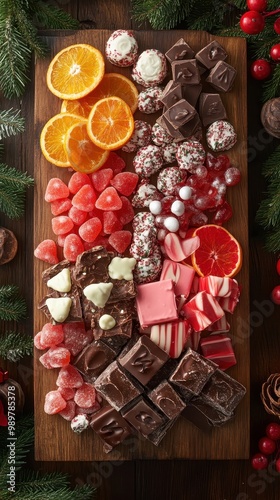 A festive array of Christmas candies is arranged on a rustic board, perfect for sharing photo