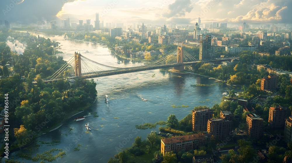 Fototapeta premium City covered in fog as sun rises serene morning images