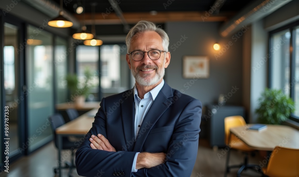 Fototapeta premium Confident senior businessman in a modern office setting, showcasing professionalism and leadership. Ideal for corporate, business, and networking themes.
