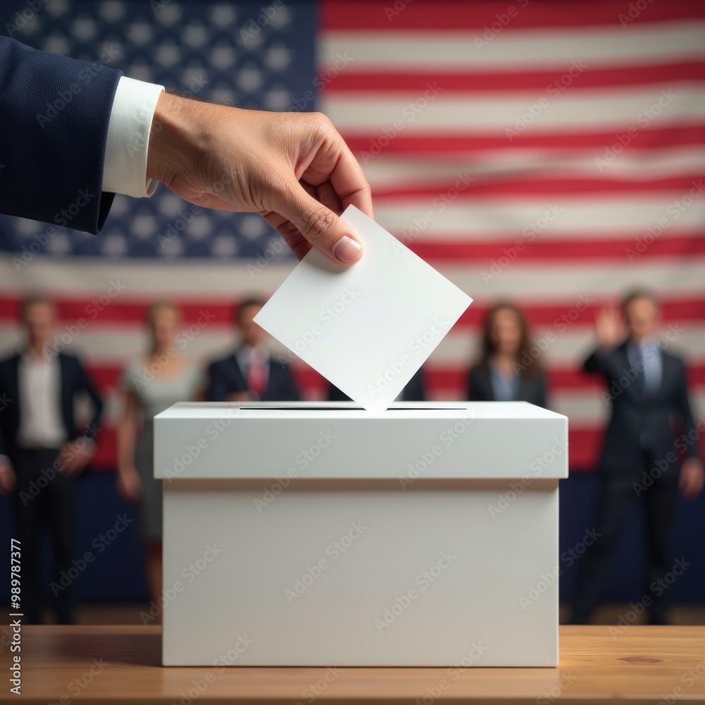 A hand placing a ballot into a voting box with an American flag backdrop, symbolizing democracy and civic participation in elections. A hand placing a ballot into a voting box with an American flag backdrop, symbolizing democracy and civic participation in elections.