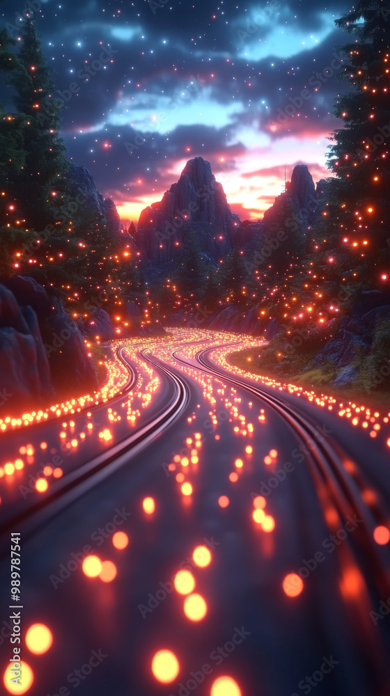 Winding road through a magical forest with glowing lights. Winding road through a magical forest with glowing lights.