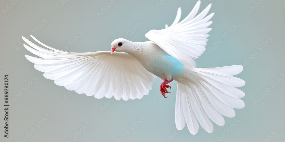 White Dove Flying with Spread Wings on a Blue Background White Dove Flying with Spread Wings on a Blue Background