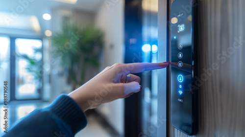 Closeup of a woman's finger entering password code on the smart phone and digital touch screen keypad entry door lock in front of a hotel room or apartment, Modern security, Smart device