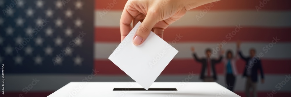 A hand placing a ballot into a voting box, symbolizing civic engagement and democracy against a backdrop of the American flag. A hand placing a ballot into a voting box, symbolizing civic engagement and democracy against a backdrop of the American flag.