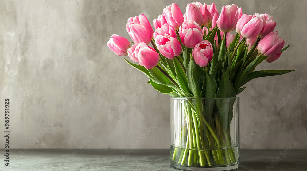 Bouquet of pink tulips in a cylinder glass vase Bouquet of pink tulips in a cylinder glass vase