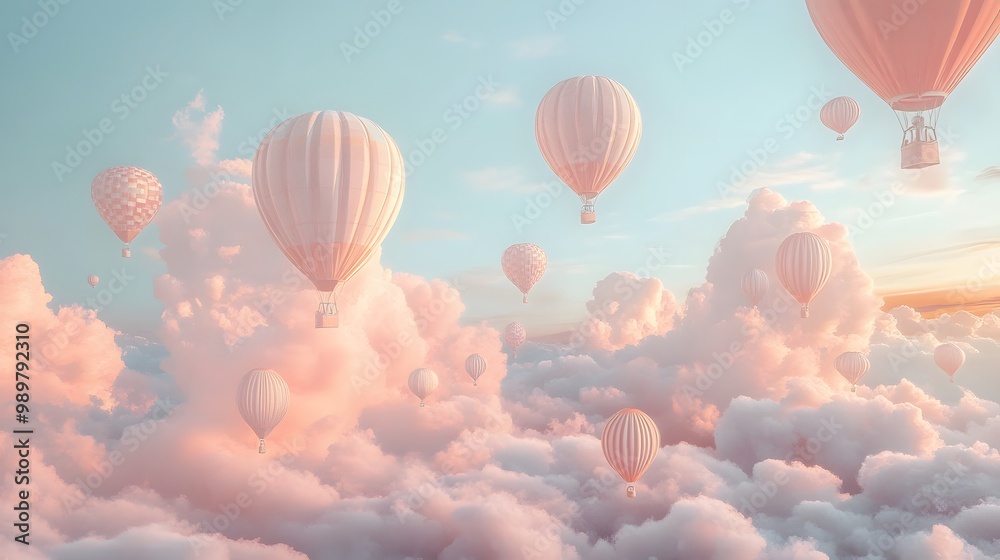 Fototapeta premium 94. A dreamlike scene of clouds and hot air balloons in pastel colors