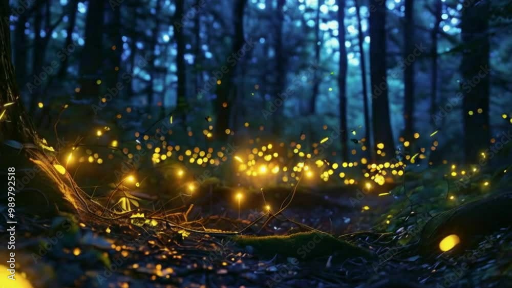 Glowing fireflies illuminating a dark woodland Glowing fireflies illuminating a dark woodland