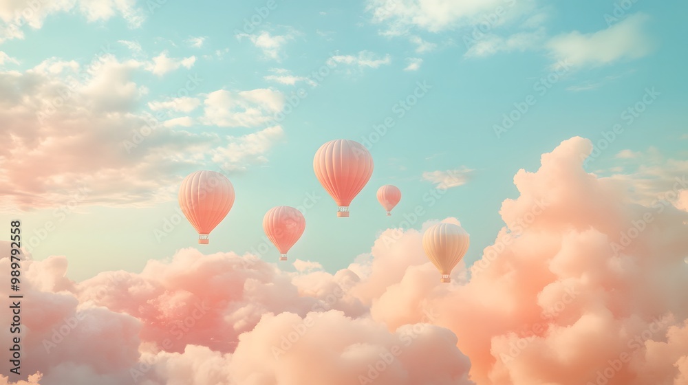 Fototapeta premium 94. A dreamlike scene of clouds and hot air balloons in pastel colors