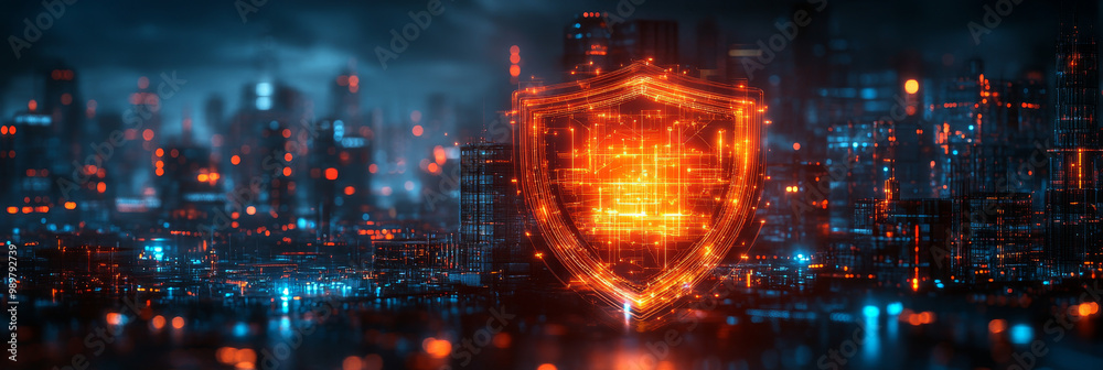 Cybersecurity shield over a cityscape. Cybersecurity shield over a cityscape.
