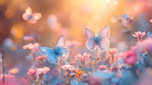 Wallpaper Mural Butterflies on a flower meadow. Floral background. - Generated AI Torontodigital.ca