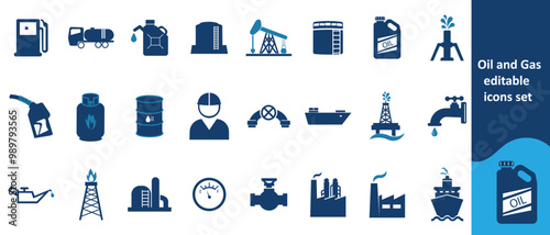 Oil and Gas editable stroke outline web icons set. Oil, gas, refinery, offshore platform, petroleum, lubricant, oil barrel and gas pump. Vector illustration