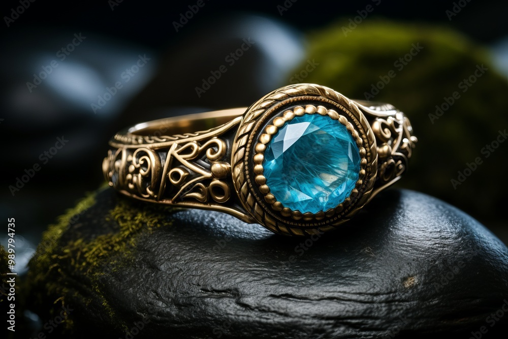 Intricate gold ring with a blue gemstone resting on smooth black stones in a serene setting Intricate gold ring with a blue gemstone resting on smooth black stones in a serene setting