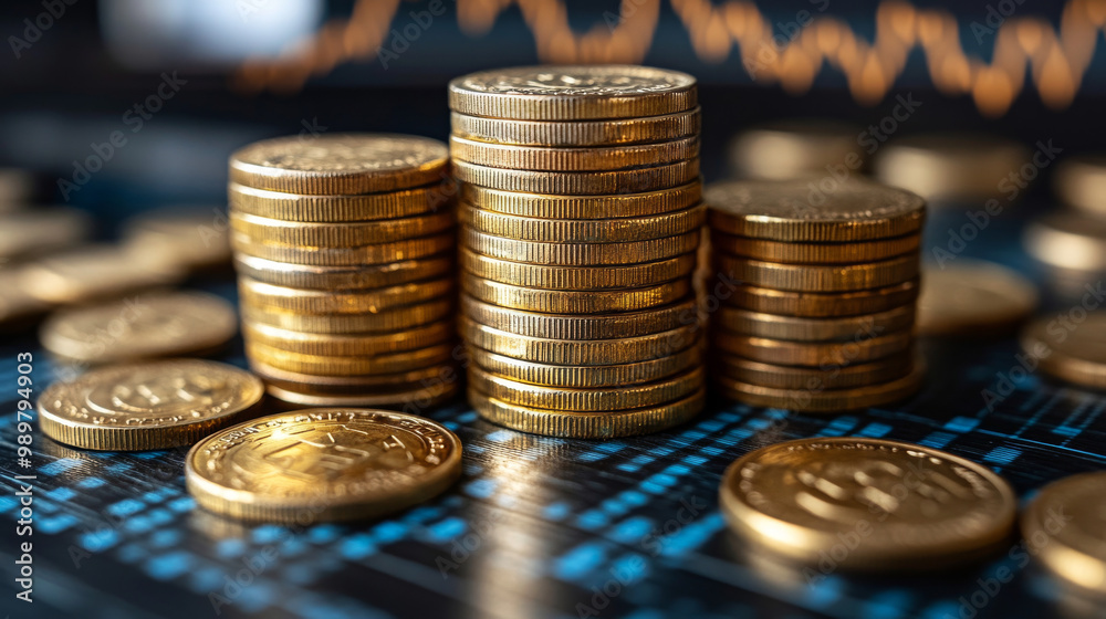 Stacks of gold coins on a blue and black background. Stacks of gold coins on a blue and black background.