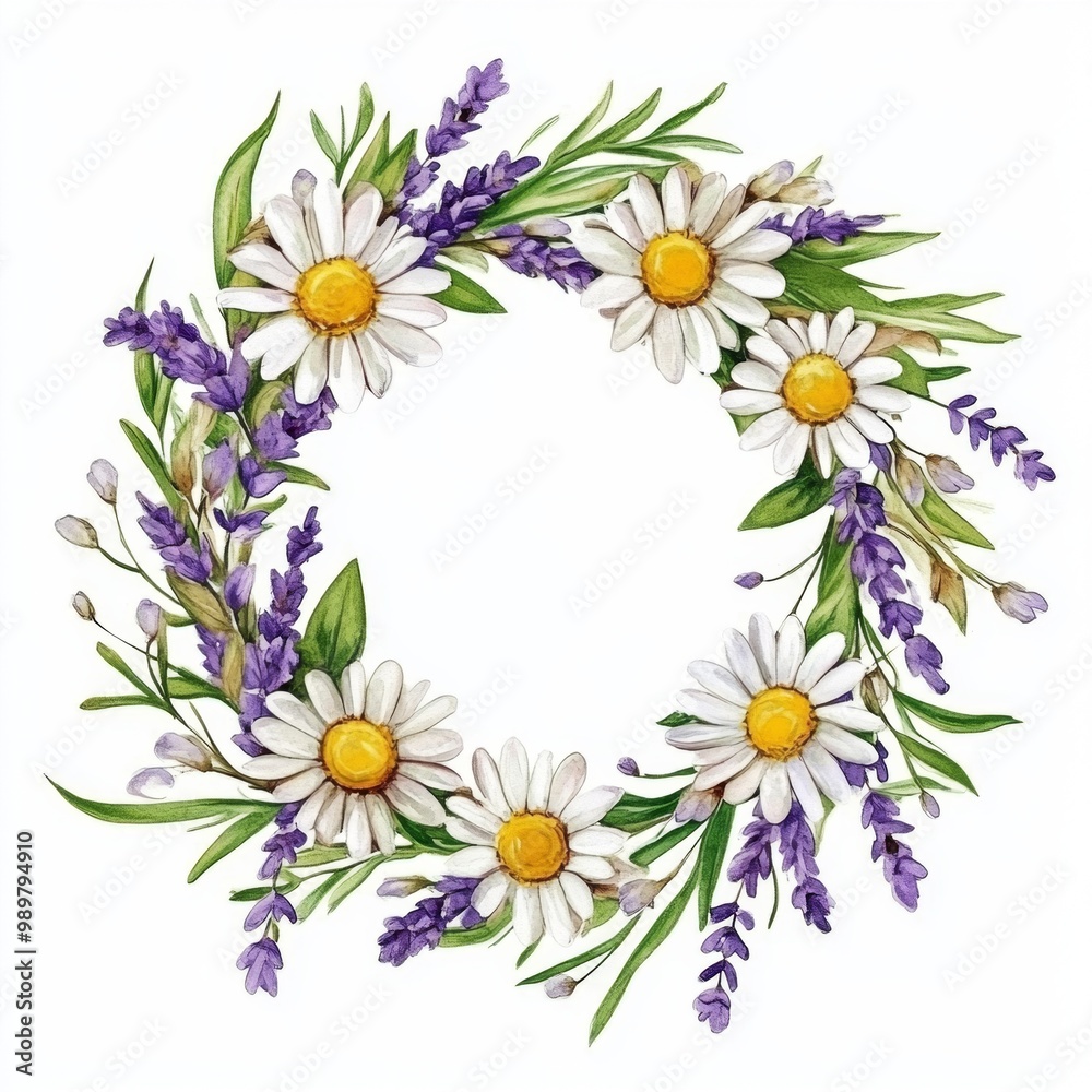 Delicate Handmade Flower Wreath with Daisies and Lavender - Rustic Country Craft Watercolor Painting on White Background Delicate Handmade Flower Wreath with Daisies and Lavender - Rustic Country Craft Watercolor Painting on White Background