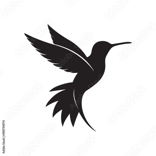 A black silhouette of a hummingbird suspended mid-air