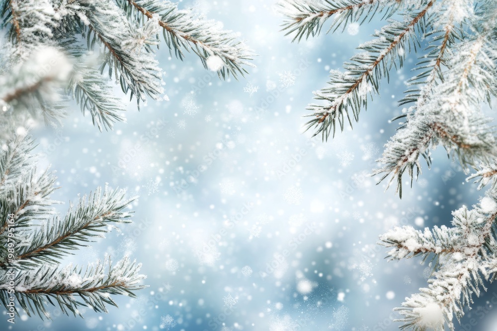 A serene winter Christmas background featuring snow-covered pine branches with a soft snowfall against a blurred blue backdrop A serene winter Christmas background featuring snow-covered pine branches with a soft snowfall against a blurred blue backdrop