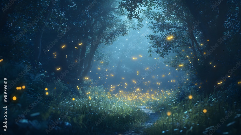 86. A magical scene of fireflies dancing in a twilight forest 86. A magical scene of fireflies dancing in a twilight forest