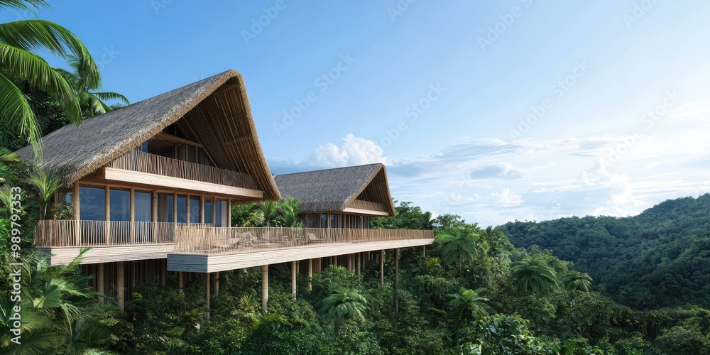 Tropical Jungle Treehouse Resort with Lush Greenery and Blue Sky Tropical Jungle Treehouse Resort with Lush Greenery and Blue Sky