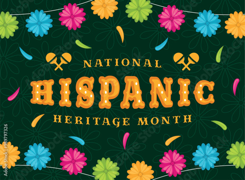 National Hispanic Heritage Month banner with vibrant flower garland, Vector