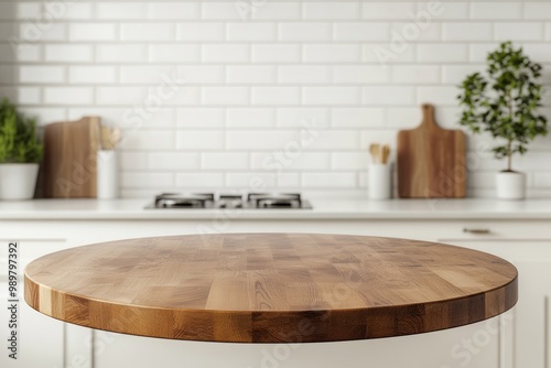 Beautiful round wood tabletop counter in a bright kitchen, ready for showcasing products and culinary creations