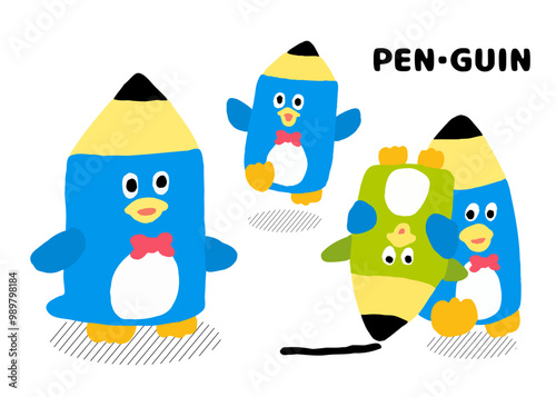 カラフルでかわいいペンとペンギンの合体キャラ素材